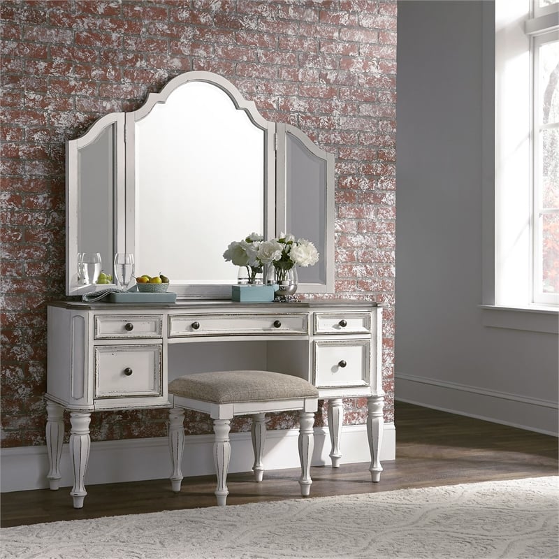 Pemberley Row Upholstered Antique White Vanity Set Rectangular Tri-Folding Mirror Unassembled