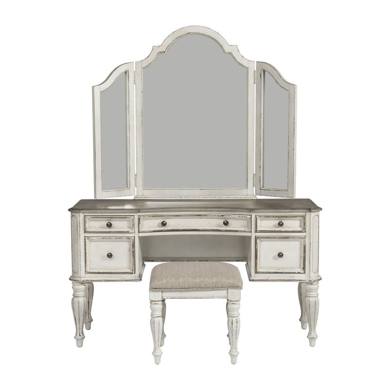 Pemberley Row Upholstered Antique White Vanity Set Rectangular Tri-Folding Mirror Unassembled