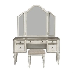 Pemberley Row Upholstered Antique White Vanity Set Rectangular Tri-Folding Mirror Unassembled