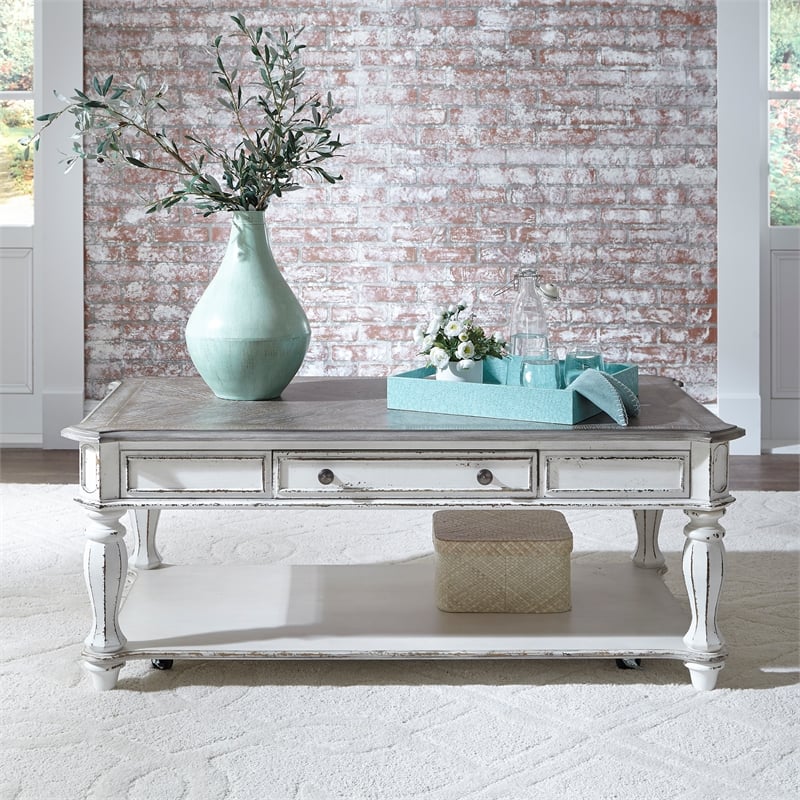 Pemberly Row Magnolia Manor White 3 Piece Set (1-Cocktail 2-End Tables)