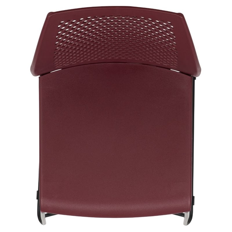 Pemberly Row Perforated Plastic Sled Base Stacking Chair in Burgundy