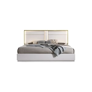 Pemberly Row Poplar Wood East King Platform Bed in White with Gold Trim