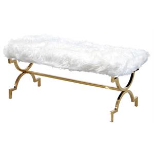 Pemberly Row Faux Fur Upholstered Bench with Stainless Steel Frame in White/Gold