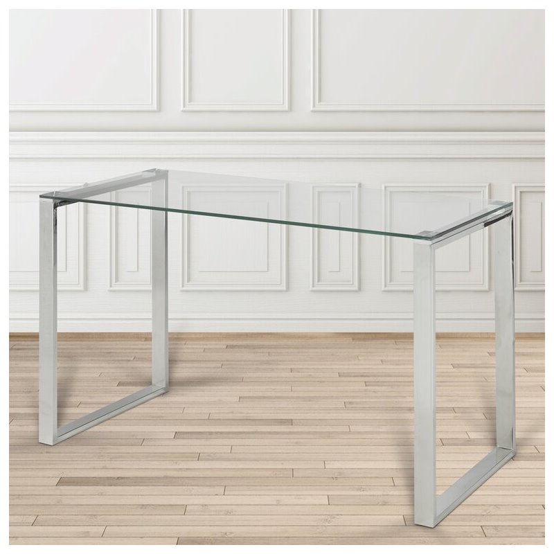 Pemberly Row Modern Transitional Glass Top Writing Desk in Silver