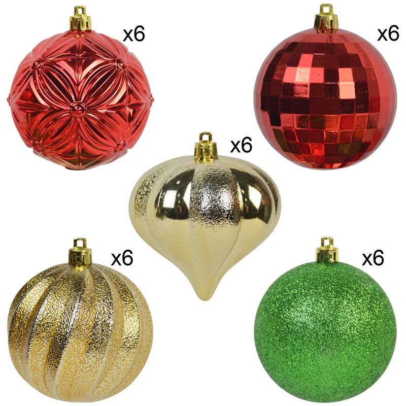 Pemberly Row 30Pc Shatterproof Plastic Christmas Ornament Set - Green/ Gold/ Red
