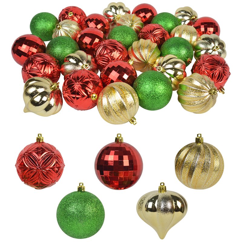 Pemberly Row 30Pc Shatterproof Plastic Christmas Ornament Set - Green/ Gold/ Red