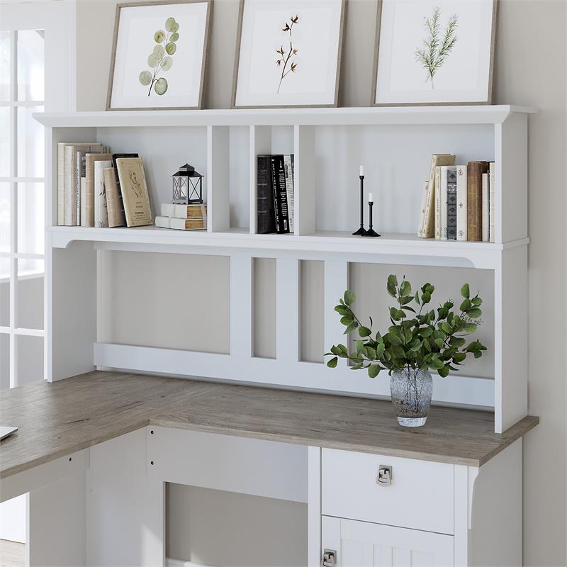 Pemberly Row 60W Hutch for L Shaped Desk in White/Shiplap Gray - Engineered Wood
