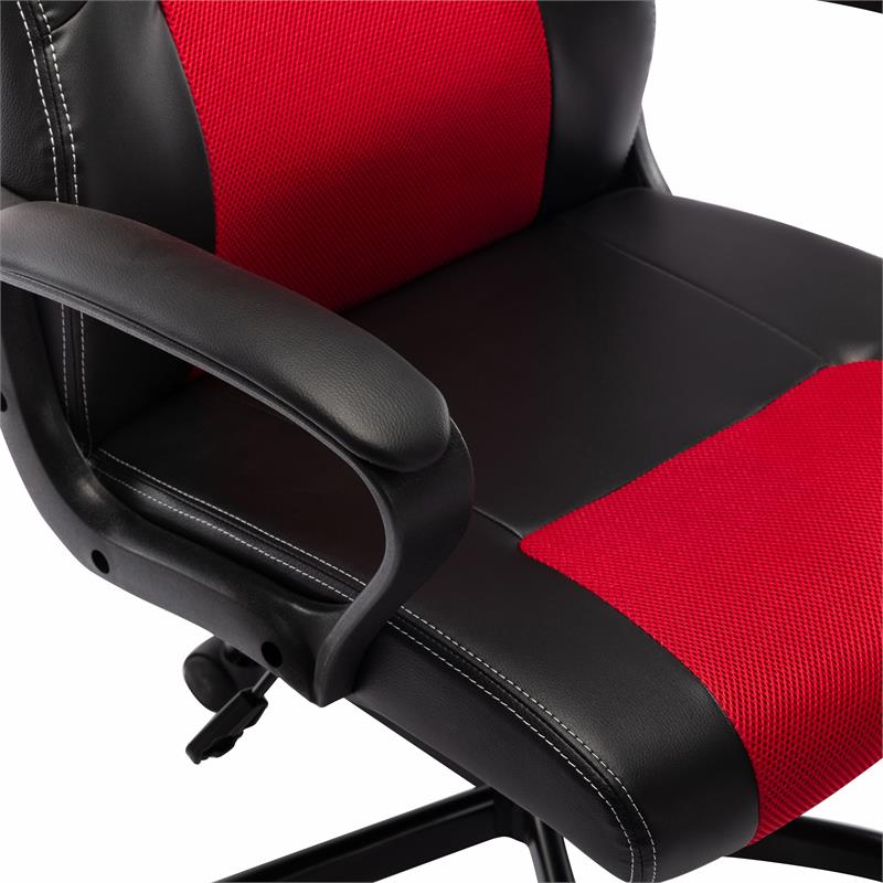 Pemberly Row Contemporary Faux Leather Swivel Gaming Chair in Red