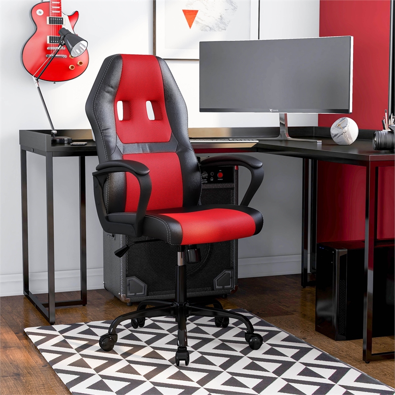 Pemberly Row Contemporary Faux Leather Swivel Gaming Chair in Red