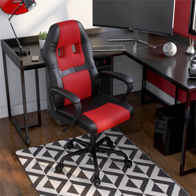 Pemberly Row Contemporary Faux Leather Swivel Gaming Chair in Red