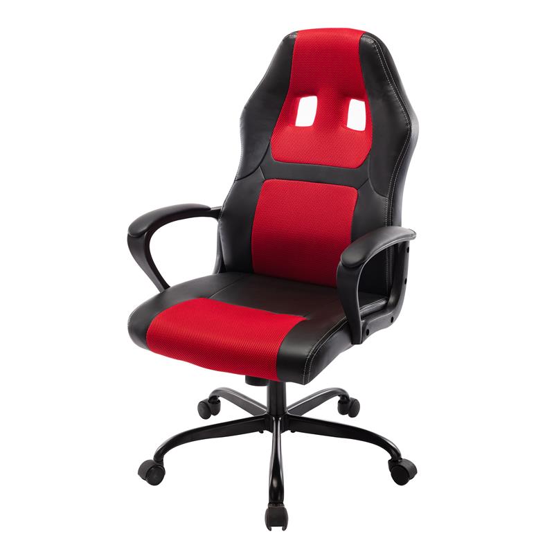 Pemberly Row Contemporary Faux Leather Swivel Gaming Chair in Red