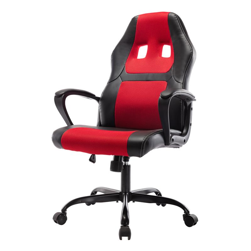 Pemberly Row Contemporary Faux Leather Swivel Gaming Chair in Red