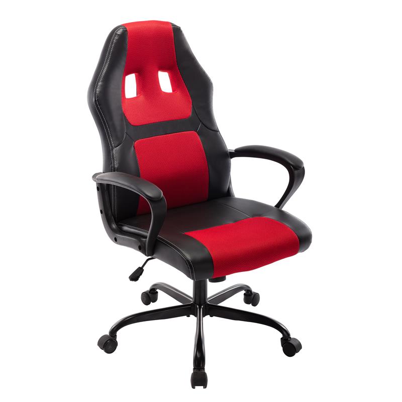 Pemberly Row Contemporary Faux Leather Swivel Gaming Chair in Red