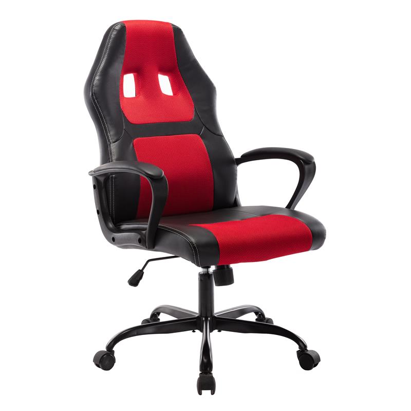 Pemberly Row Contemporary Faux Leather Swivel Gaming Chair in Red