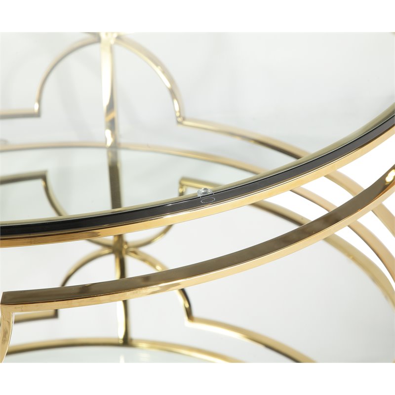 Pemberly Row Metal Round Coffee Table with Glass in Polished Gold