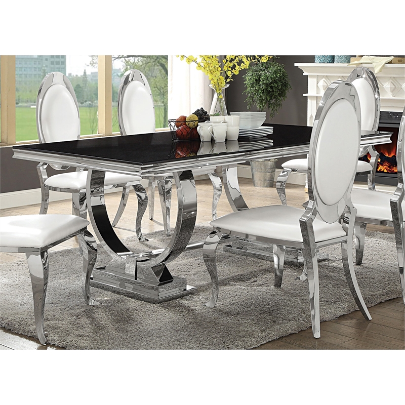 Pemberly Row Rectangular Glass Dining Table with Swooping Double-Hoop in Black