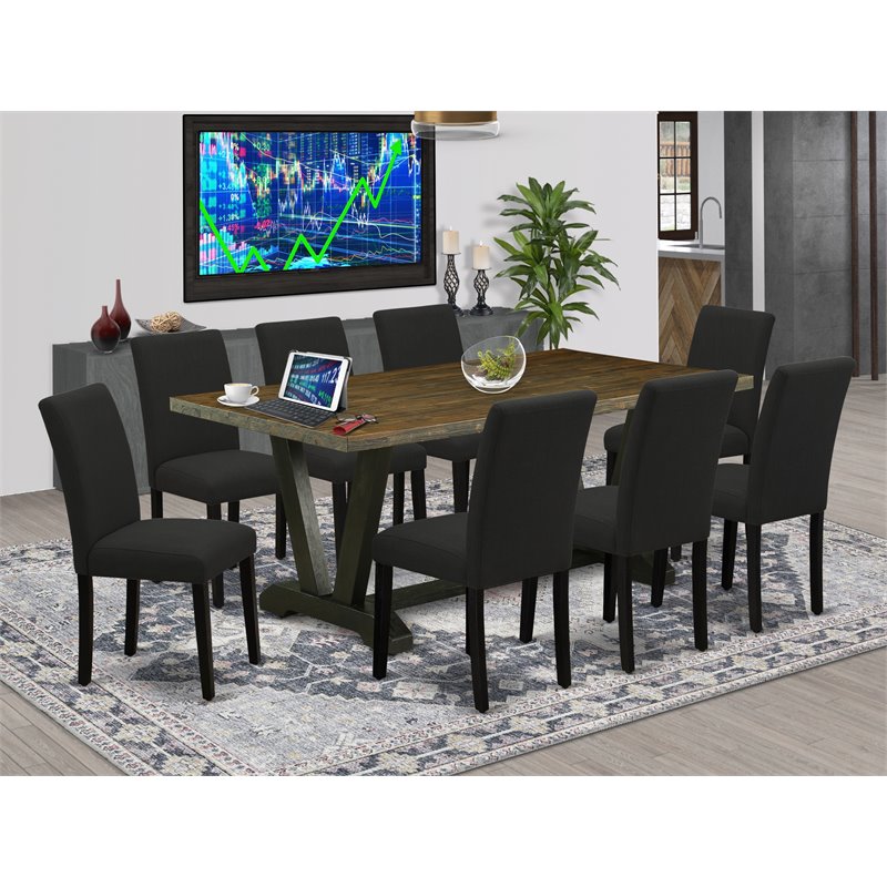 Pemberly Row V-Style 9-piece Wood Dining Set in Black Finish