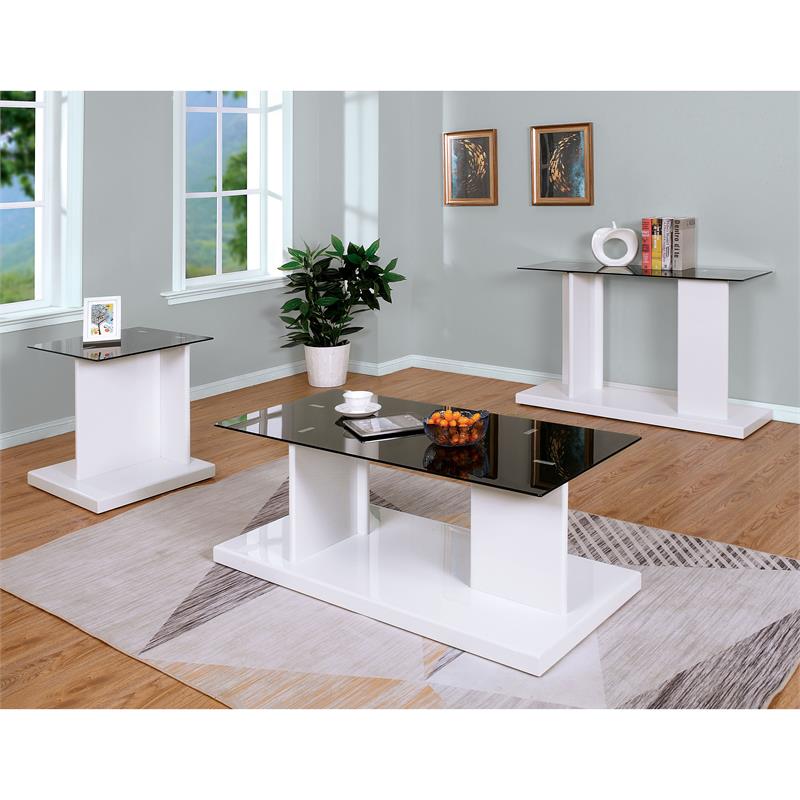 Pemberly Row Modern Glass Top 3-Piece Coffee Table Set in White