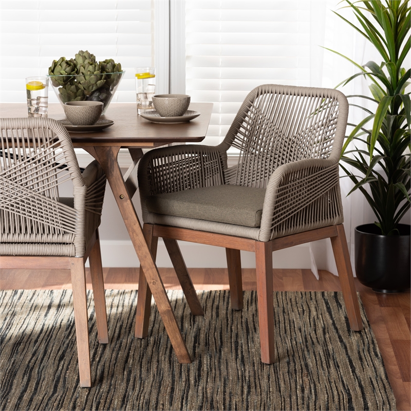 Pemberly Row Modern Gray Woven Rope Mahogany Dining Arm Chair