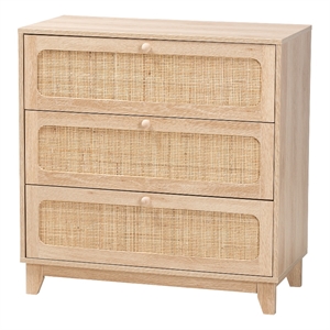 Pemberly Row Brown Wood and Natural Rattan 3-Drawer Storage Cabinet