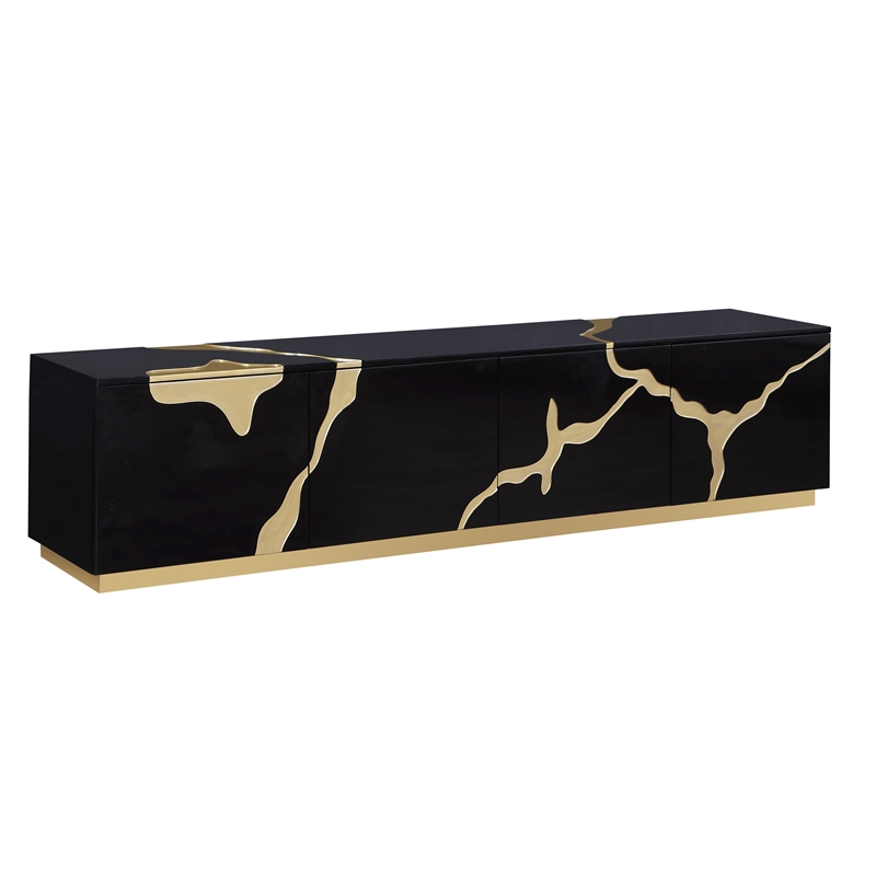 Pemberly Row Black High Gloss Wood with Gold Accent Modern TV Stand
