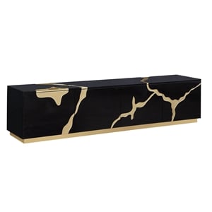 Pemberly Row Black High Gloss Wood with Gold Accent Modern TV Stand