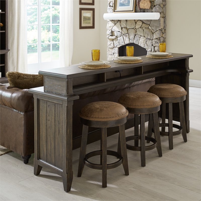 Pemberley Row Rubberwood Saddle Brown Bar Table Set Rectangular Built-In Charging Station 4-Piece