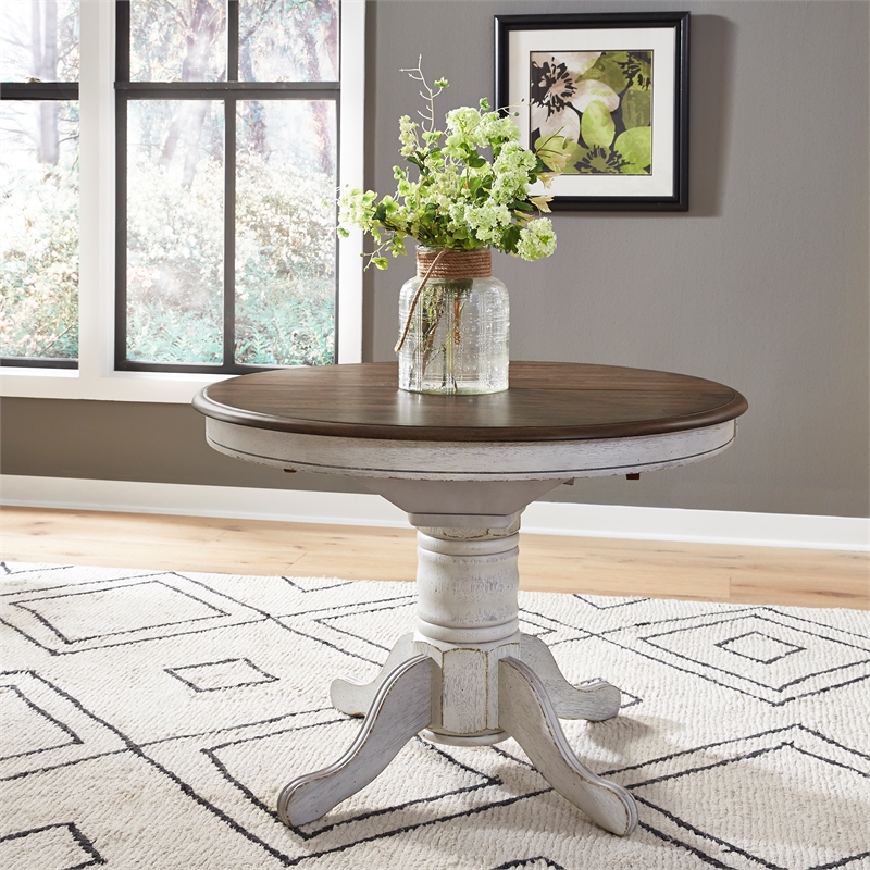 Pemberley Row Solid Wood Antique White Dining Table Oval Turned Pedestal Base Unassembled