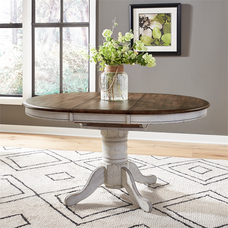 Pemberley Row Solid Wood Antique White Dining Table Oval Turned Pedestal Base Unassembled