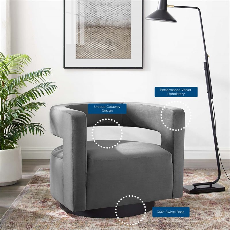 Pemberly Row Modern Performance Velvet Swivel Armchair in Gray