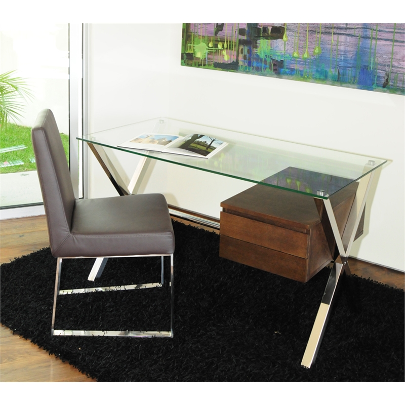 Pemberly Row Small Modern Tempered Glass & Wood Veneer Desk in Espresso