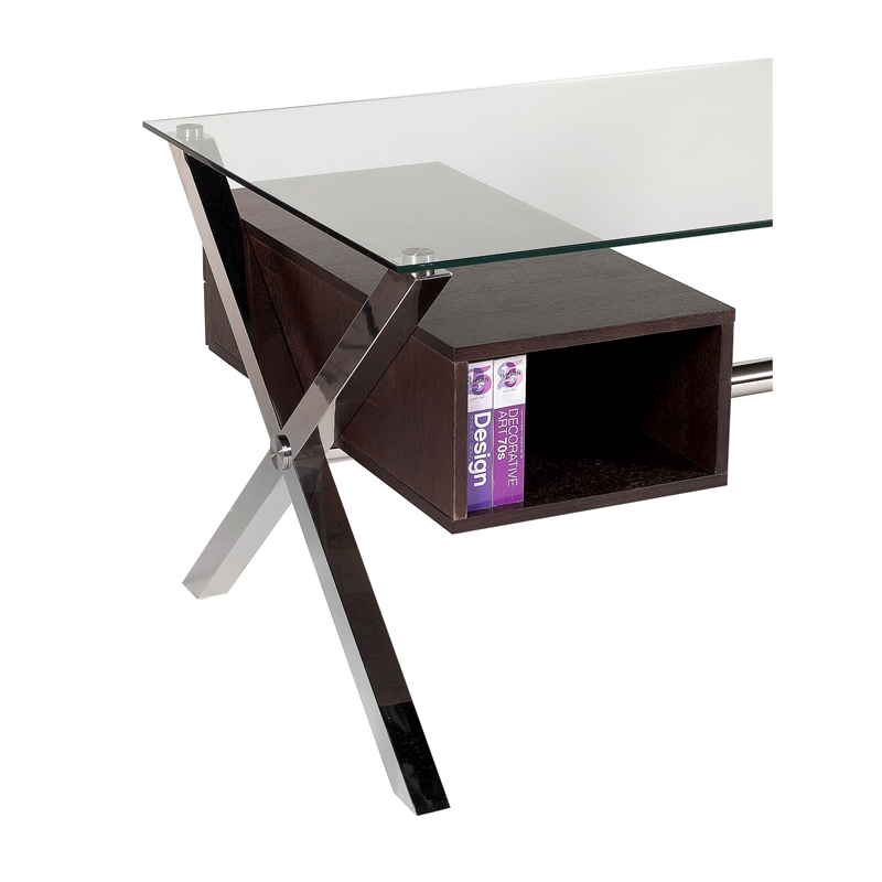 Pemberly Row Small Modern Tempered Glass & Wood Veneer Desk in Espresso