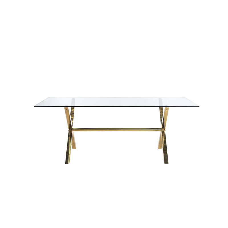 Pemberly Row Modern Glass & Polished Steel Dining Table in Gold & Clear