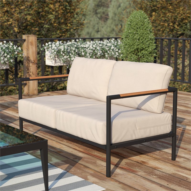 Pemberly Row Aluminum & Fabric Loveseat with Teak Arm Accents in Beige/Black