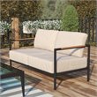 Pemberly Row Aluminum & Fabric Loveseat with Teak Arm Accents in Beige/Black