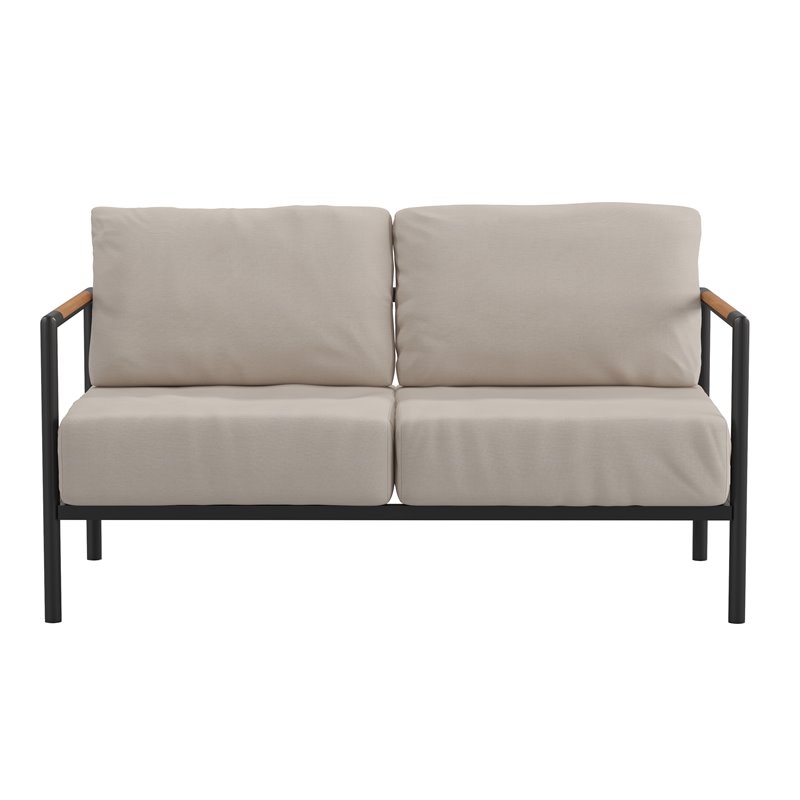 Pemberly Row Aluminum & Fabric Loveseat with Teak Arm Accents in Beige/Black
