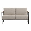 Pemberly Row Aluminum & Fabric Loveseat with Teak Arm Accents in Beige/Black