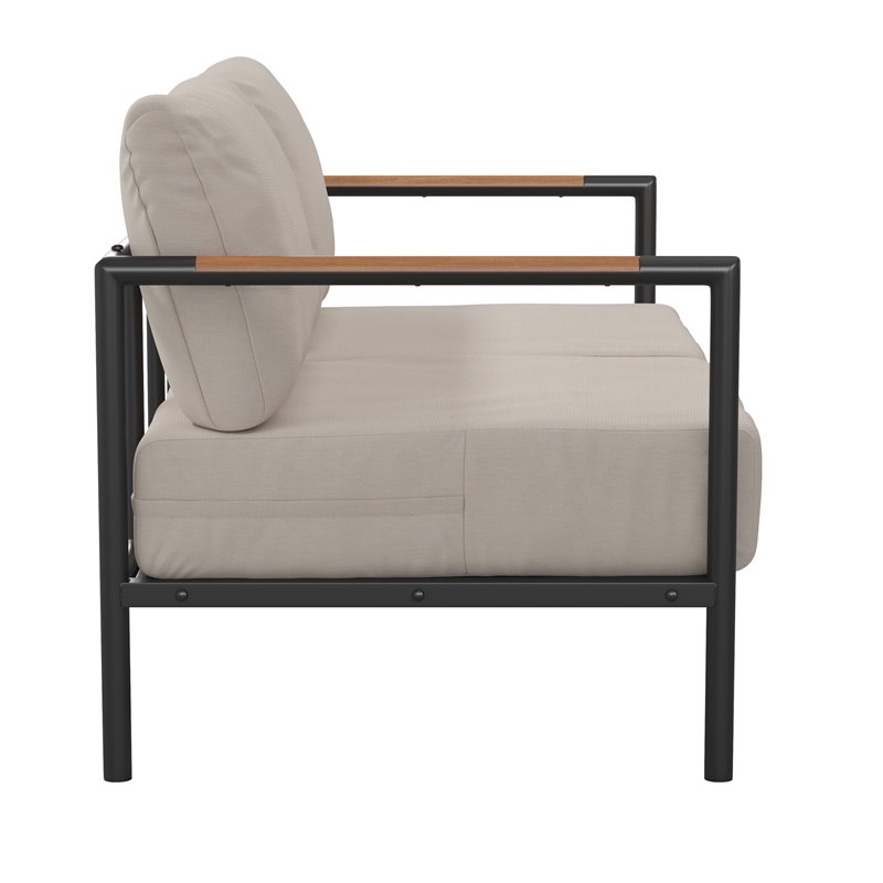 Pemberly Row Aluminum & Fabric Loveseat with Teak Arm Accents in Beige/Black