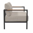 Pemberly Row Aluminum & Fabric Loveseat with Teak Arm Accents in Beige/Black