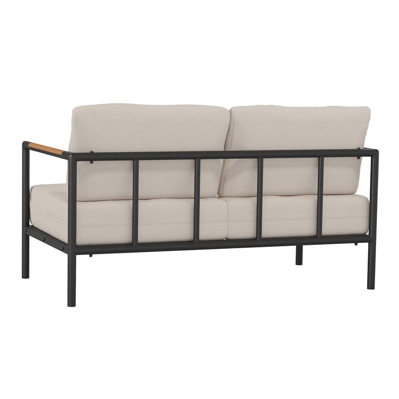 Pemberly Row Aluminum & Fabric Loveseat with Teak Arm Accents in Beige/Black