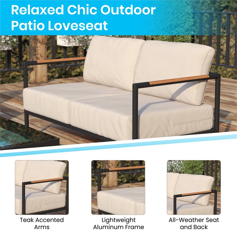 Pemberly Row Aluminum & Fabric Loveseat with Teak Arm Accents in Beige/Black