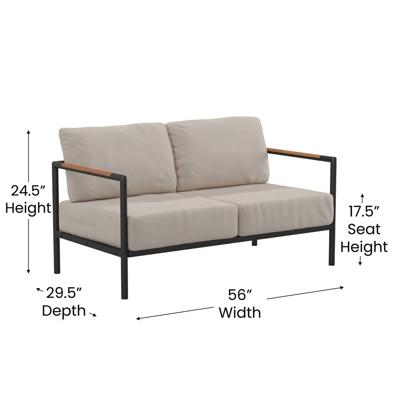 Pemberly Row Aluminum & Fabric Loveseat with Teak Arm Accents in Beige/Black