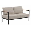 Pemberly Row Aluminum & Fabric Loveseat with Teak Arm Accents in Beige/Black