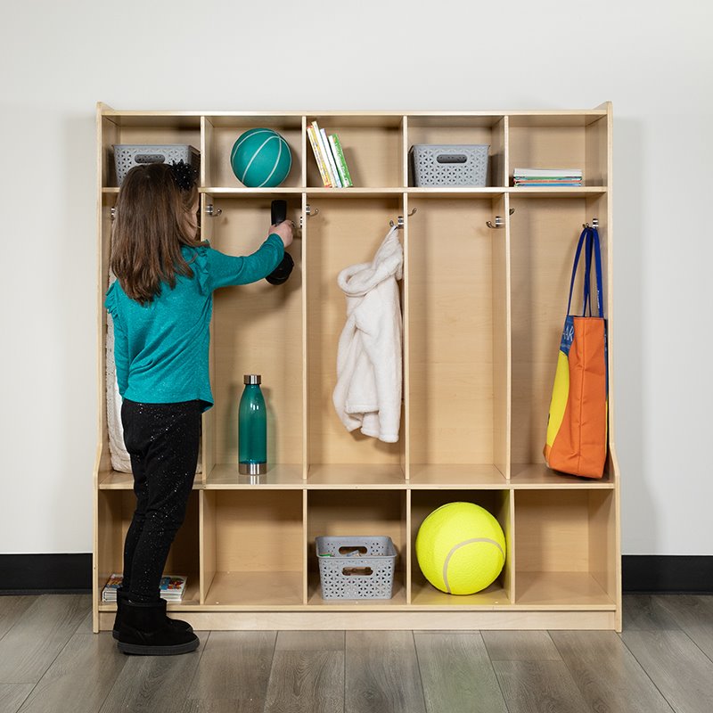Pemberly Row 5 Section Wood School Coat Locker with Bench in Natural