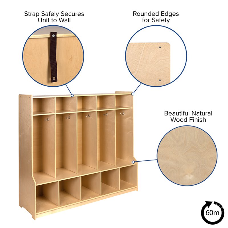 Pemberly Row 5 Section Wood School Coat Locker with Bench in Natural