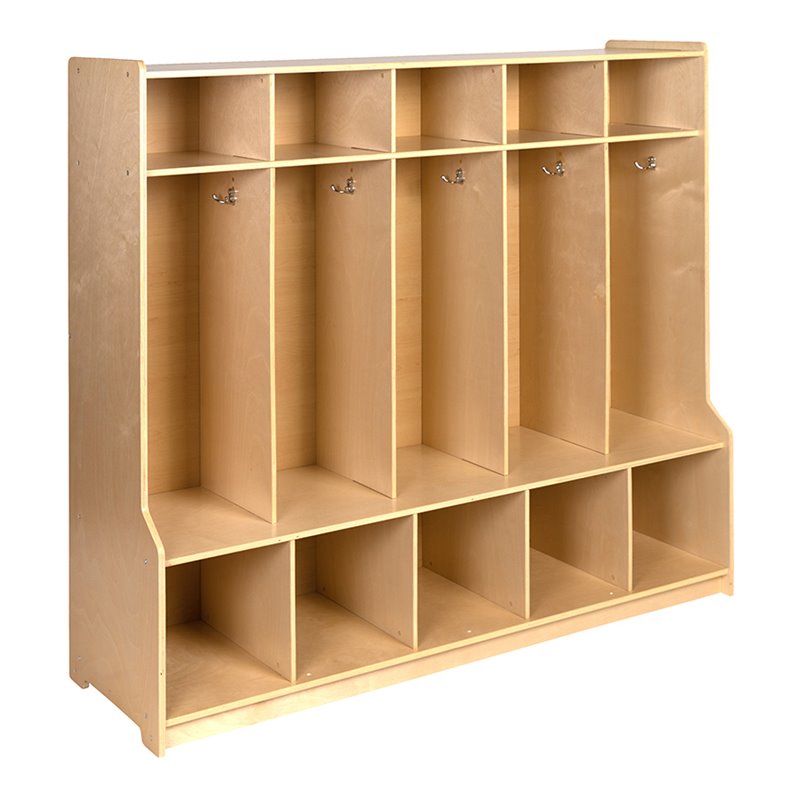 Pemberly Row 5 Section Wood School Coat Locker with Bench in Natural