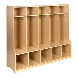 Pemberly Row 5 Section Wood School Coat Locker with Bench in Natural