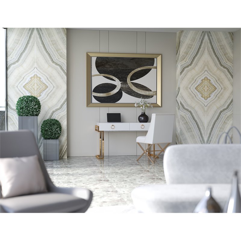 Pemberly Row Modern Steel/Wood Desk in Glossy White Lacquer/Gold