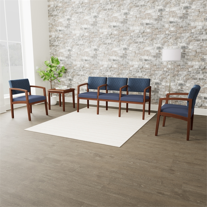 Pemberly Row Polyurethane Reception Guest Chair in Blue/Walnut