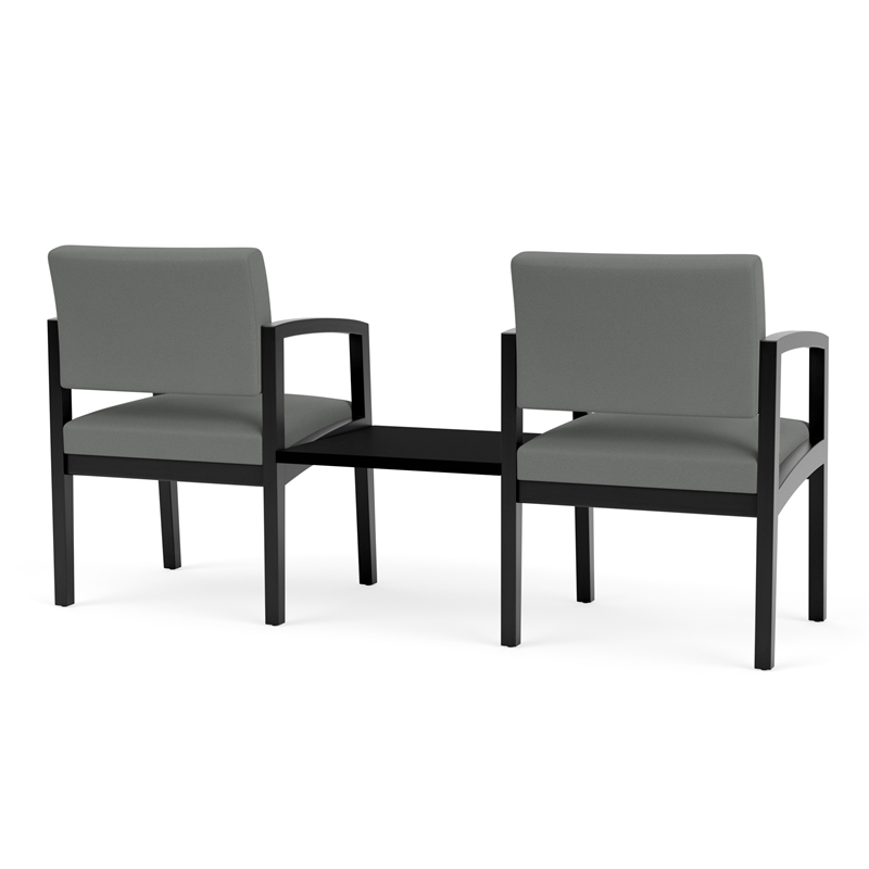 Pemberly Row 2-Seat Fabric Reception Tandem w/ Center Table in Gray/Black